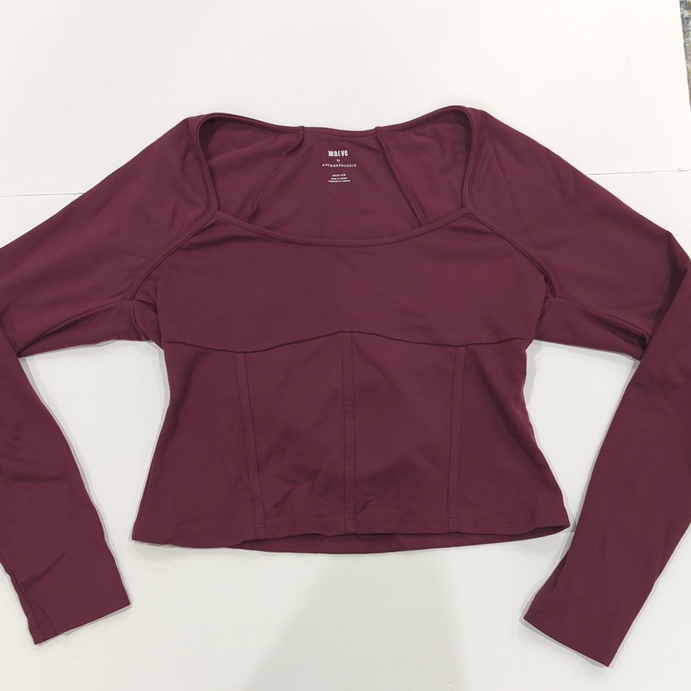 Maeve By Anthropologie Maroon Cropped Long Sleeve T Shirt - W Size Medium Wine
